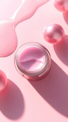 A pink beauty cream jar surrounded by pink orbs and liquid