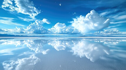 Expansive blue sky with clouds reflecting on the surface of a vast salt flat during the day
