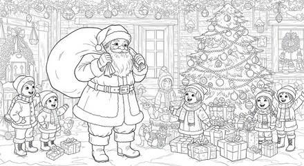 Santa Claus with a Sack of Presents and a Decorated Christmas Tree