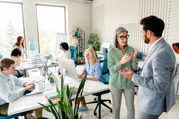 Team Collaboration in Modern Office Environment with Mature and Young Professionals Discussing Project