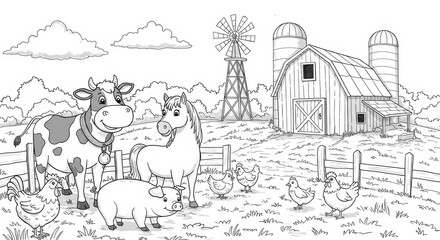 Obraz premium Idyllic Farm Scene with Smiling Cow, Horse, Pig, Chickens, Red Barn, and Windmill