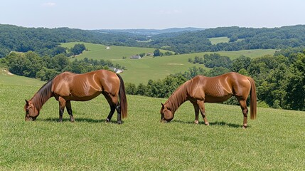 Obraz premium Two Brown Horses Grazing in a Lush Green Pasture with Rolling Hills in the Background