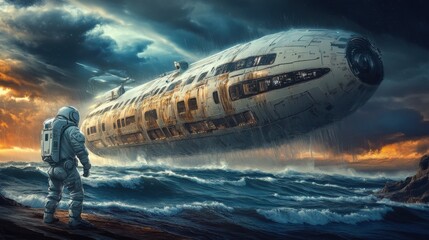 Astronaut Stares at Crashed Spaceship Amidst Stormy Seas