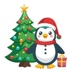 Christmas Penguin with Tree and Gift