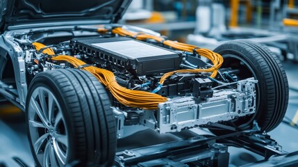 Fototapeta premium Inspecting electric vehicle battery systems workshop technical review safety standards expert analysis