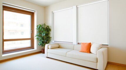 Bright Living Room Interior with Beige Sofa and Orange Pillow