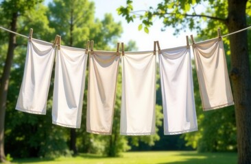 Fresh laundry drying outdoors on a clothesline in a sunny garden setting