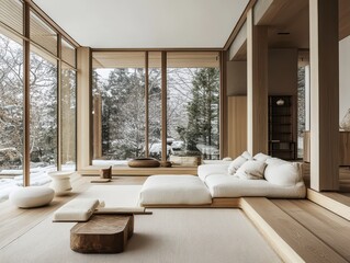 A modern minimalist interior room with nature views and furniture