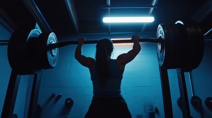 Strong woman lifting heavy barbell in gym, back view. Bodybuilding and weightlifting sports concept, toned physique and determination