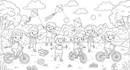 Children Playing in a Park with Kites, Bubbles, and Bikes