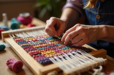 Colorful handwoven textile creation on wooden loom for craft and design inspiration