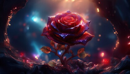 A vibrant rose glows in a magical realm, surrounded by sparkling lights and shadows.