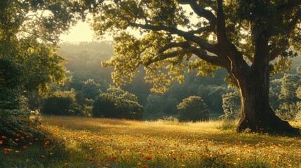 Fototapeta premium Golden Hour Meadow: Sunlight Bathed in Flowers and Majestic Oak Embrace