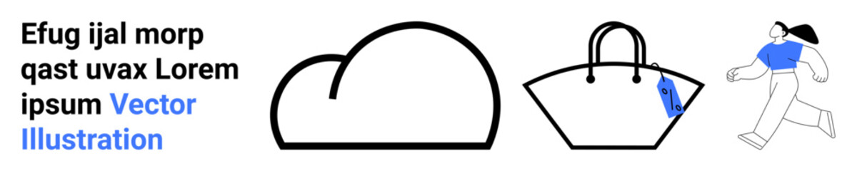 Stylized cloud, handbag with tag, and running woman in minimal style. Ideal for tech, e-commerce, fashion, retail, cloud storage, digital lifestyle flat landing page banner