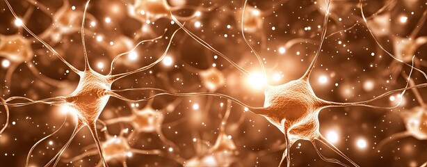 neuroscience of happiness, futuristic neuroscience visualization, Microscopic view of neurons illustrating their complex and dynamic interconnections in an orange glow.