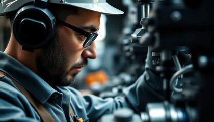 Precision engineering work by technician industrial facility photography workshop close-up mechanics and technology