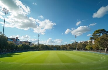 Panoramic view of Australian Rules football oval field. Sunny day, blue sky, cumulus clouds. Green grass lawn, trees around. Suburban park landscape for sport, recreation, leisure activities. Aussie