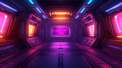 Neon Galaxy Corridor: A Futuristic Space Station Interior with Cosmic Views Beyond