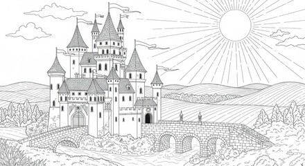 Obraz premium Majestic Stone Castle with Tall Towers, Flying Flags, and a Stone Bridge Over a Moat Surrounded by Rolling Hills