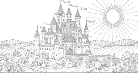Majestic Castle with Tall Towers, Flying Flags, and a Stone Bridge