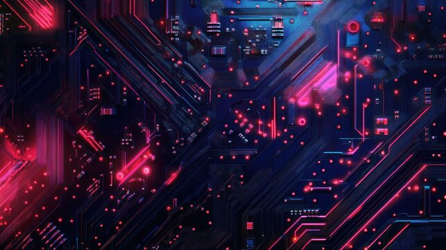 Illuminated intricate electronic circuitry board with many components and red highlights