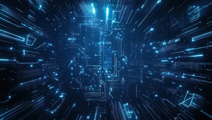 Abstract digital tunnel with glowing lines and circuits.