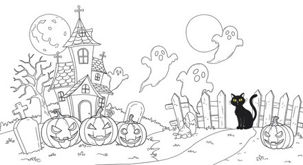 Obraz premium Spooky Fun Halloween Scene with Haunted House and Friendly Ghosts