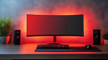 Ultra-Wide Curved Gaming Monitor Setup with Red Ambient Lighting and Speakers
