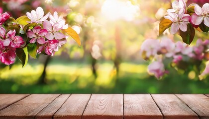 Vibrant Crabapple Blossoms Amidst Wooden Tableau A Fresh Spring Scene Radiating Life and Energy in Soft Focus Greenery.