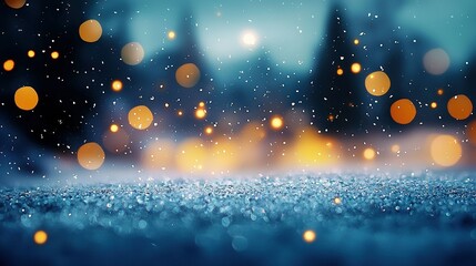 Obraz premium A picture of a blue and yellow background, featuring blurred images of trees and illuminations in the background