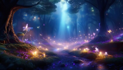 Fantasy landscape illuminated by enchanting lights, magical creatures, and vibrant flowers at dusk.