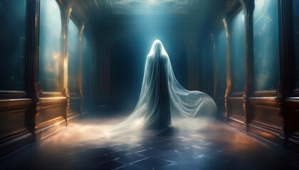 A ghostly figure in flowing fabric stands still in a magical hall bathed in ethereal light.