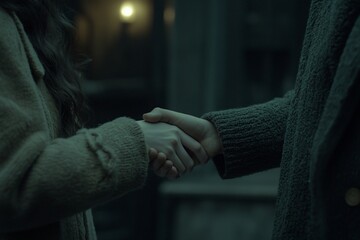 A close-up of two people shaking hands at dusk