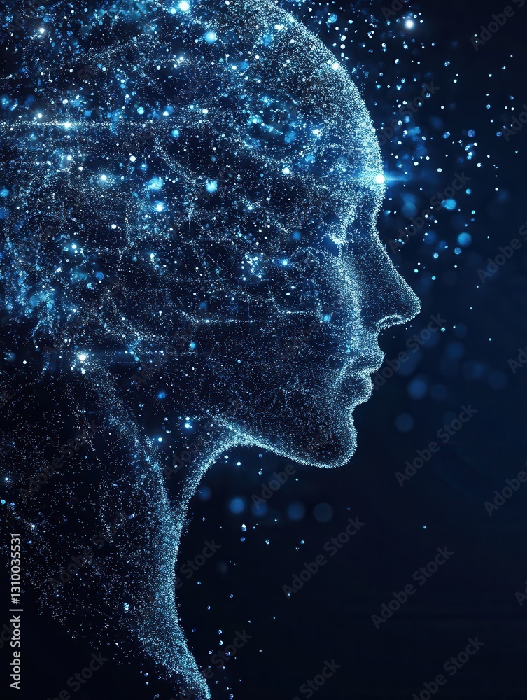 Poster futuristic representation of ai driven politics with digital particles forming a human silhouette in