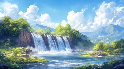 Fototapeta premium Cascading Serenity: A Tranquil Waterfall Oasis Amidst Mountainous Vista