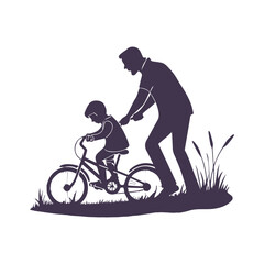 Obraz premium Father Teaching Bike Riding his child Silhouette Clipart Illustration isolated on a White Background
