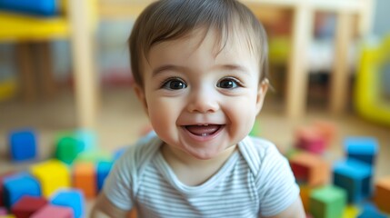 Fototapeta premium Close-up of a cheerful toddler smiling while surrounded by colorful building blocks in a playful indoor setting during daylight