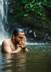Fototapeta premium Man praying in a serene waterfall setting, embodying peace and spirituality