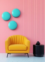 Modern, vibrant, and playful interior design featuring a yellow armchair and teal wall decor.