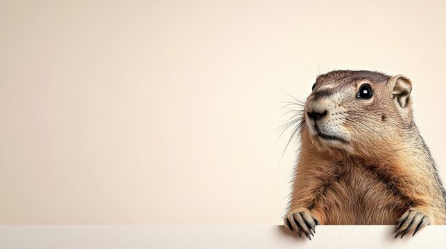 Curious Prairie Dog Peeking Over Beige Surface
