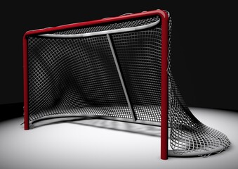 Hockey goal illuminated by directional light source close-up. 3D render illustration