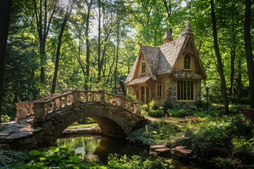 Charming woodland cottage nestled among lush trees with a stone bridge and vibrant flowers, creating a serene and picturesque escape in nature