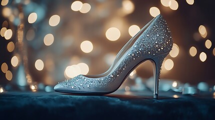 Elegant, jeweled high heel shoe on velvet, festive bokeh background