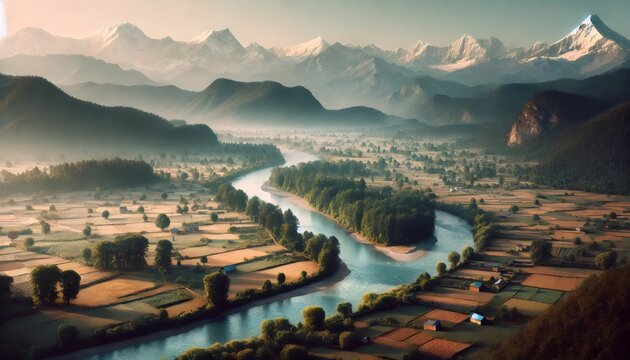 River flowing through cultivated fields at sunrise with himalayas mountains in background