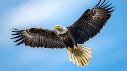 Fototapeta premium A majestic eagle, proudly wearing a pilot's cap, soars gracefully through the bright blue sky on a sunny daytime adventure