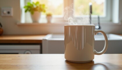 Fototapeta premium Steam rising from a coffee mug on wooden table, morning warmth