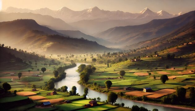 River flowing through cultivated fields in a valley at sunset with the himalayas in the background