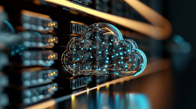 Modern data center concept featuring a server room with a cloud design on the ceiling