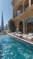 Villa pool Dubai, skyline view. Sunny