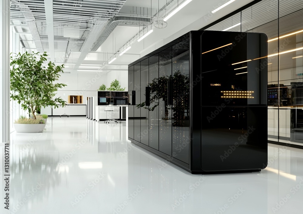 Poster a data center featuring rows of blade server systems, shown as a 3d rendering image